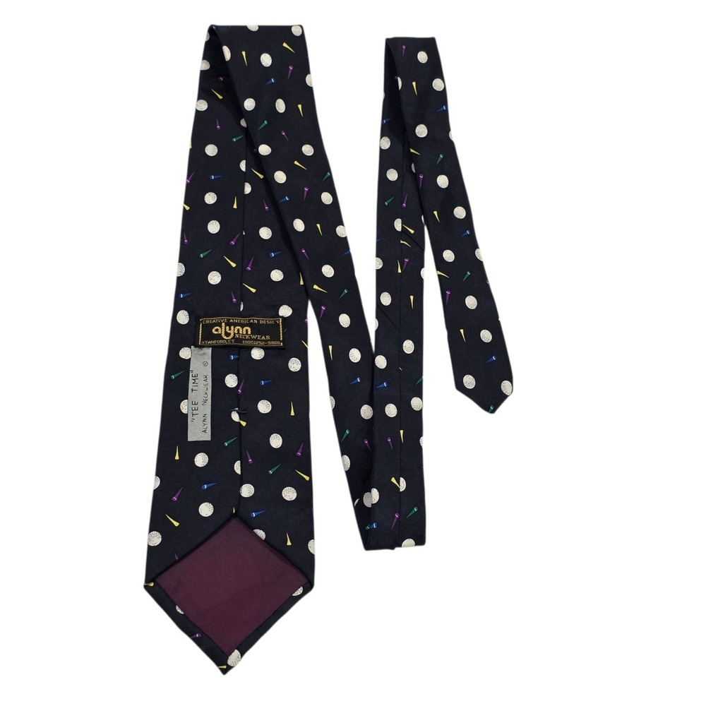 Alynn Neckwear 'Tee Time" Golf Theme Silk Tie Navy Blue White Golf Balls and Tee